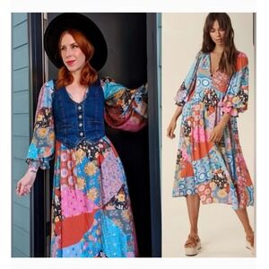 Spell & The Gypsy Patchwork Floral Boho‎ Maxi Dress Blue Red Tassel L